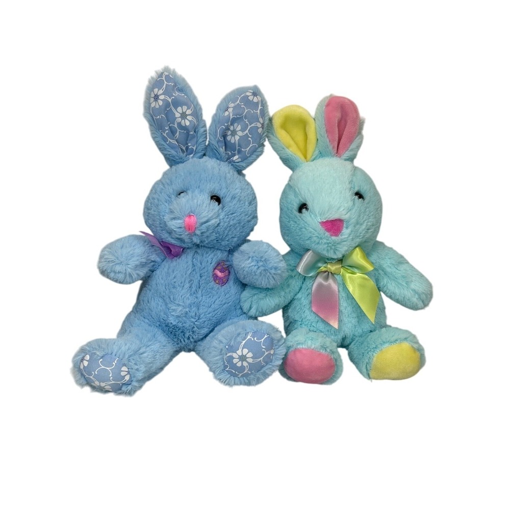 Goffa Easter Bunny Rabbit 12" Plush Blue Floral‎ Bow Pink Yellow Lot of 2